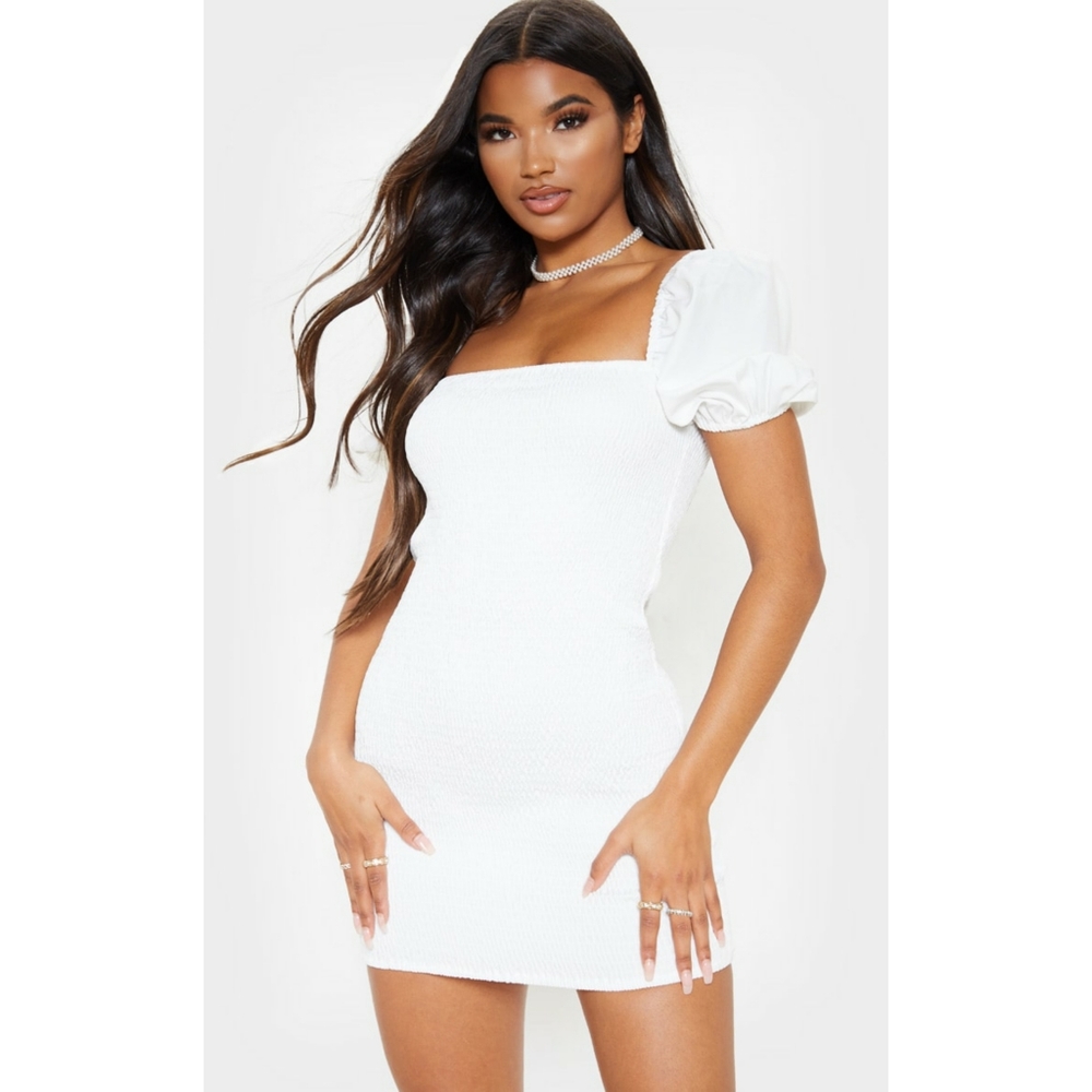 Puff sleeve white shirred dress